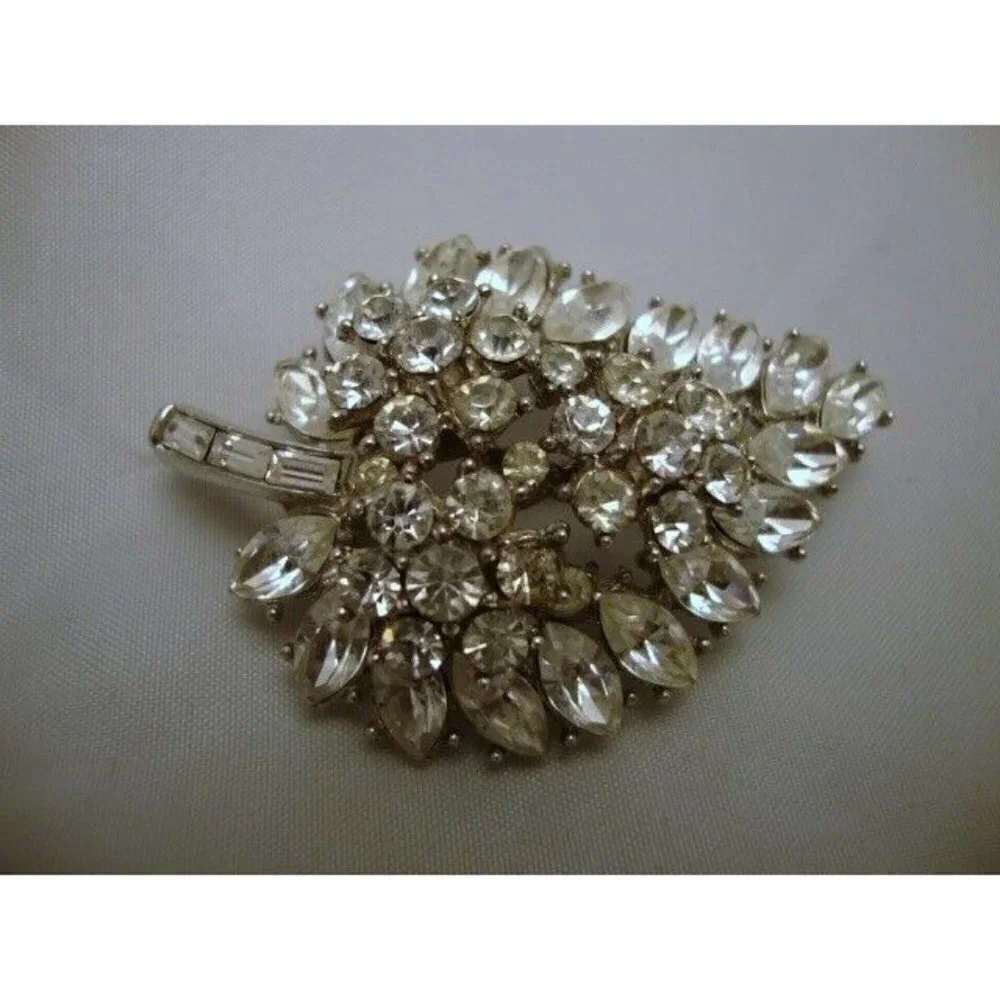 Trifari Rhinestone Leaf Brooch Vintage Costume Jewelry